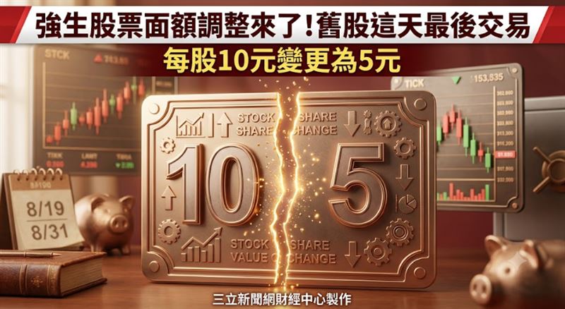 櫃買中心公告，強生公司（4747）股票面額將由每股10元變更為5元，並進行股票換發作業，新股票於115年8月31日開始櫃檯買賣，櫃買中心特別提醒投資人，新股票上櫃買賣日之參考價將按比例調整為舊股票最後交易日（115年8月19日）收盤價之2分之1，強生公司之股票簡稱將更改為「強生*」（圖／三立新聞網財經中心蕭榕AI製圖）