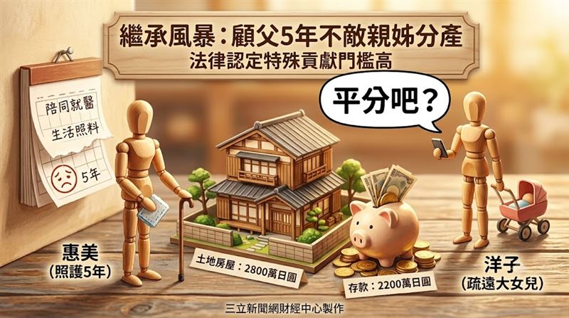 日本一名女子獨自照顧父親五年,父親過世後大女兒卻主張遺產平分,讓她心裡五味雜陳。(圖/三立新聞網財經中心蕭榕AI製圖)