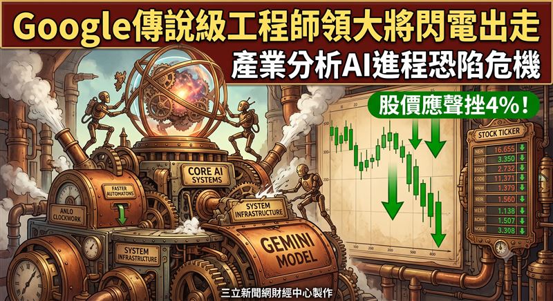 Google元老工程師之一Jeff Dean出走,並成立新創公司,消息一出Google股價應聲下挫4%。(圖/三立新聞網財經中心蕭榕AI製圖)