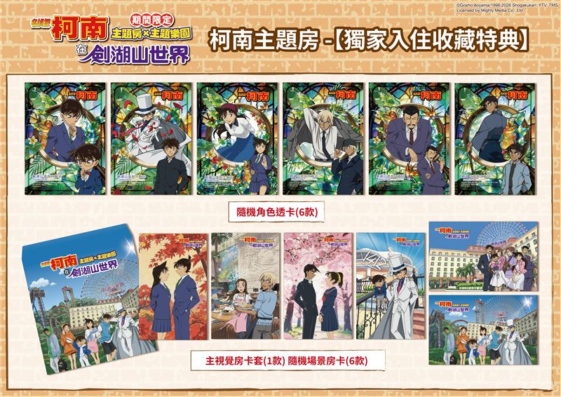 入住「柯南五大角色主題房」,即贈期間限定【獨家入住收藏特典】,包含房卡套、隨機角色透卡、隨機角色場景房卡。(圖/主辦單位提供)