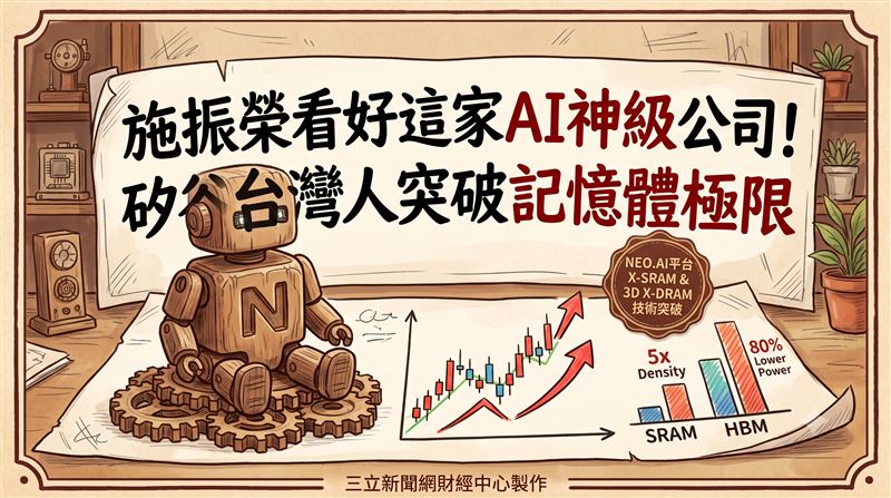 AI算力大突破!許富菖於FMS 2026親自展示全球首創的3D DRAM測試晶片,預告AI記憶體將迎來大升級。記憶體容量有望狂增!許富菖登台秀出獨家3D DRAM晶片,這項神級技術獲施振榮大力盛讚,震撼半導體圈。告別超高耗電!許富菖震撼發布新世代3D DRAM晶片,大幅降低存取功耗,更為全球半導體注入超強活水。(圖/AI製圖)