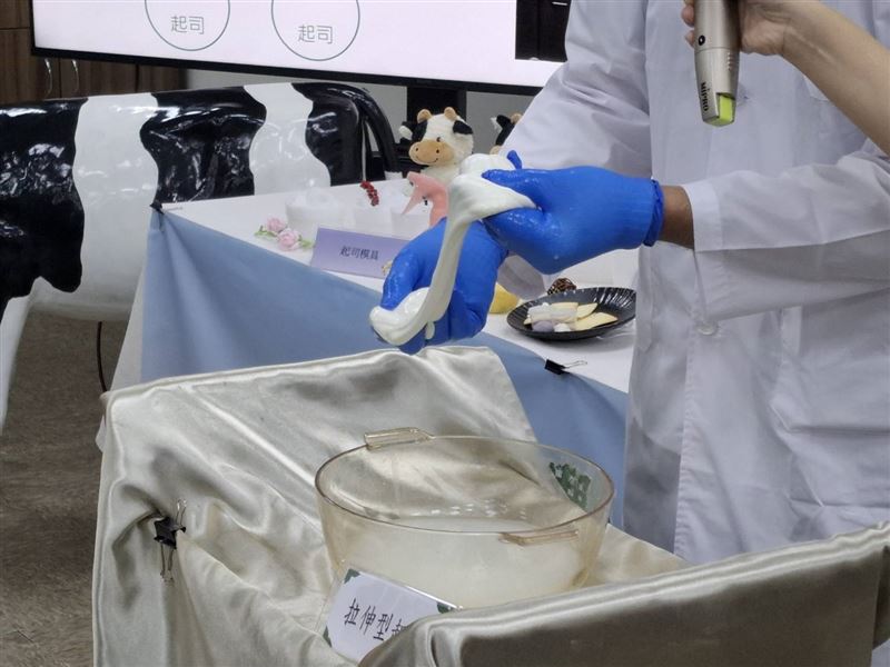 農業部畜產試驗所畜產加工組副研究員葉瑞涵除了在記者會現場操作起司拉伸技術示範,也分享他投入研發起司技術的心路歷程、國際交流經驗及研發成果。(圖/記者周佩怡攝影)