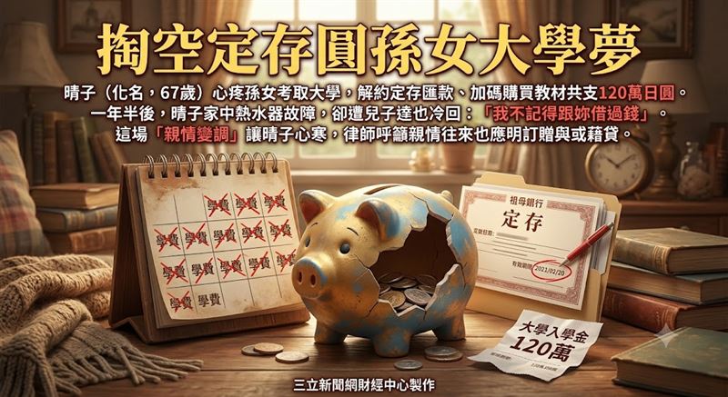 獨居退休族靠退休金度日,卻為孫輩學費掏空多年積蓄,親子間金錢糾紛浮上檯面。(圖/三立新聞網財經中心蕭榕AI製圖)