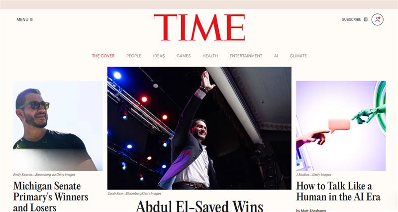 《時代》(TIME)雜誌遭實測揭露,AI爬蟲看到的文章內容與人類讀者不同,不僅體量縮水96%,甚至藏有專屬業配廣告。(圖/翻攝自時代雜誌網站)