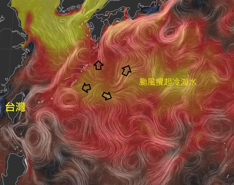 白海豚颱風影響區域海流,攪起冷海水。(圖/翻攝自鄭明典臉書)