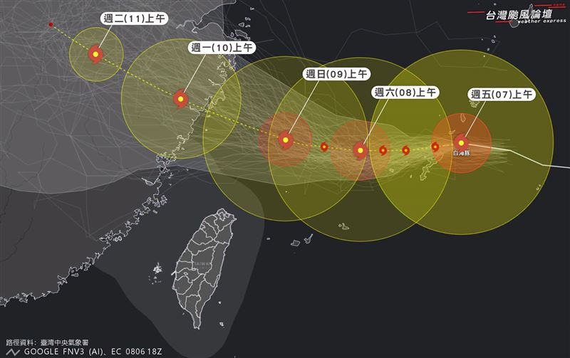 白海豚颱風週日最靠近台灣,暴風圈擦邊過。(圖/翻攝自台灣颱風論壇|天氣特急 臉書)