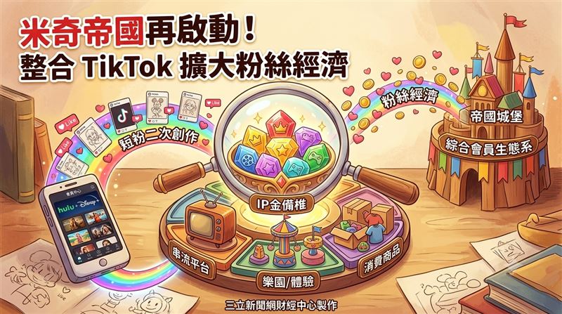 迪士尼與TikTok展開全球合作,創作者可運用電影、影集素材進行二次創作,藉由短影音串聯社群與Disney+平台,進一步提升IP價值與粉絲黏著度。(圖∕AI製圖)