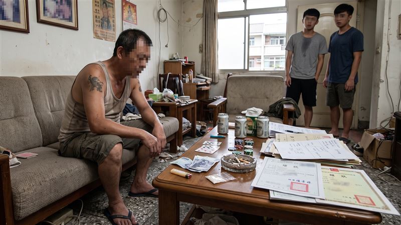 台灣男子無業、染毒整天賭博、游手好閒、跟兄弟混,還成跑路到大陸,他的2名兒子想聲請免除扶養,卻查出,爸爸名下擁有2筆房屋與7筆土地。(示意圖/AI製圖)