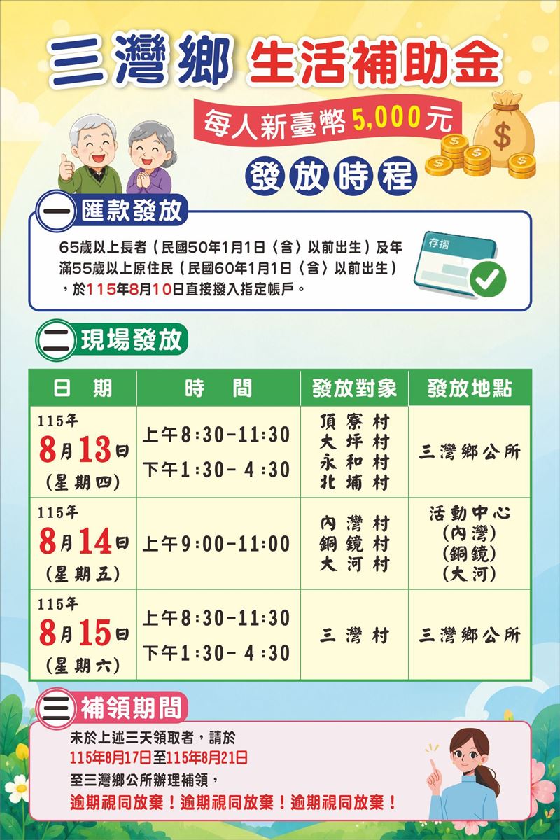 生活補助金連續3天對不同聚落發放。(圖/翻攝自三灣鄉公所)