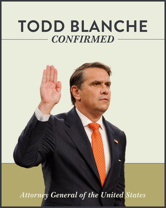 美國參議院投票投票結果為 50 比 49，確認 Todd Blanche 為美國司法部長。（圖／翻攝自X平台 @帳號）