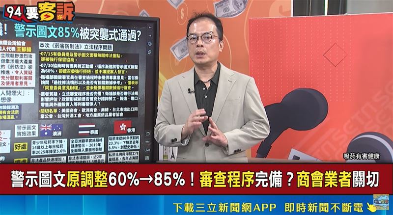 鍾年晃指出,香菸警示圖文50%變85%是否合宜,美國、歐洲等商會都提出關切。(圖/翻攝畫面)