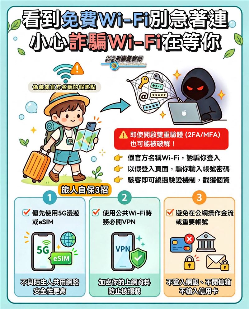 免費Wi-Fi雖然方便,卻可能暗藏詐騙陷阱(圖/165全民防騙)