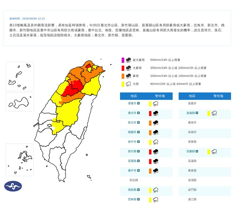 氣象署在今(9)天13:15發布豪雨特報。(圖/翻攝自氣象署官網)