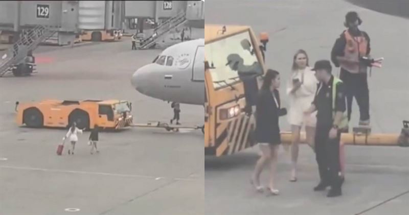 俄羅斯2名女子疑似因太晚抵達、錯過登機時間,竟拖著行李直闖停機坪,一路追向準備起飛的飛機,最後被工作人員帶離。(圖/翻攝X)