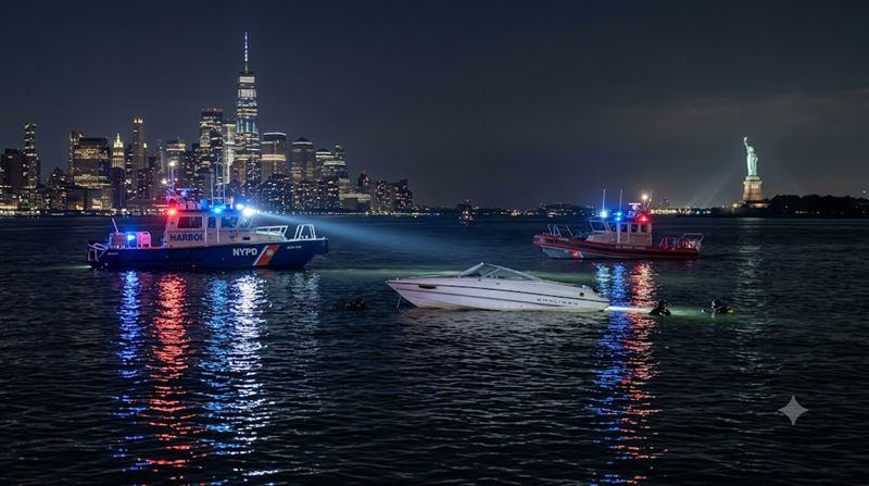 ,1名男子昨夜在紐約港(New York Harbor)自由島附近駕駛快艇傳出翻覆意外,造成1名母親和女嬰身亡,另有12人受傷。(示意圖/AI製圖)