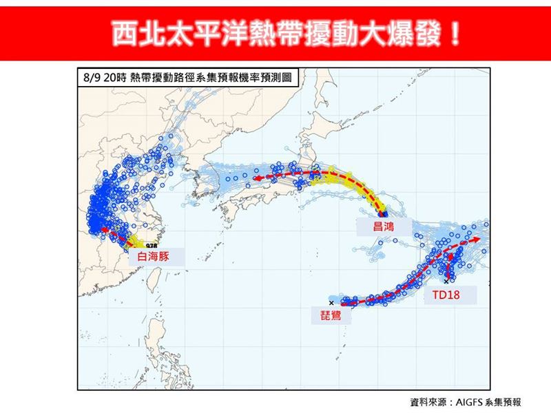西北太平洋熱帶擾動大爆發，路徑預測、對台影響曝光。（圖／翻攝自林老師氣象站）