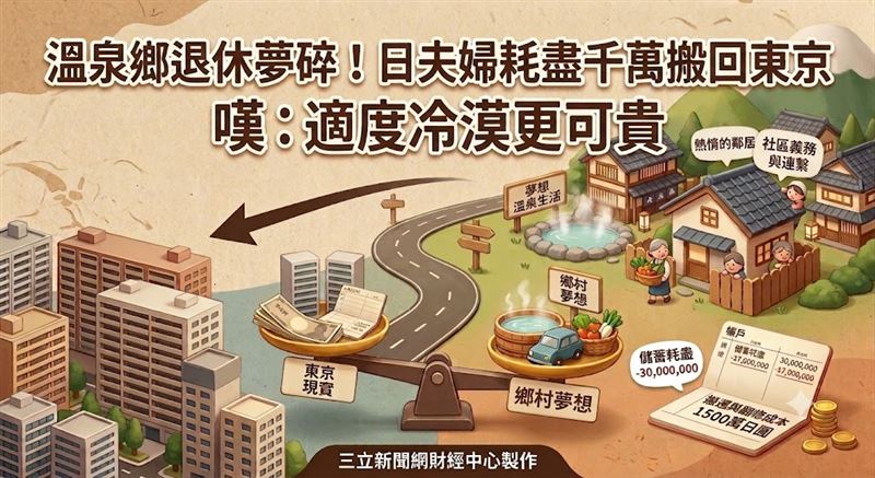 退休夫婦嚮往「天天泡溫泉」的第二人生,但鄉間濃厚的人情味,也可能成為適應上的難題。(圖/三立新聞網財經中心蕭榕AI製圖)