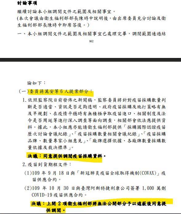 周軒貼出，民國110年10月20日，立法院衛環委員會，疫苗採購調閱專案小組，第2次全體委員會議議事錄。（圖／翻攝自周軒臉書）