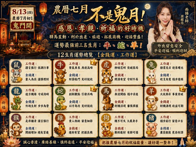 鬼月來了雨揚老師洩天機！曝光這3生肖【牛、蛇、羊！】運勢非常好，有財神大罩你大賺金山。（圖／雨揚老師提供、ChatGPT製作）