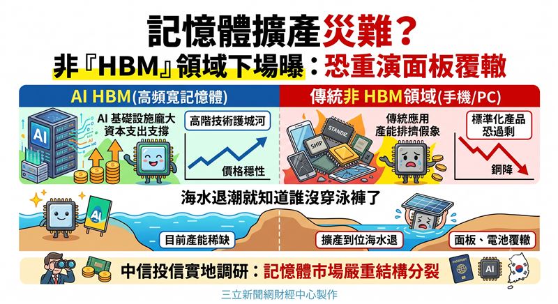 中信投信研究團隊深入南韓第一線調研指出，AI基礎設施龐大資本支出具實質支撐，台積電技術優勢穩固。然而，記憶體市場內部結構分裂，非HBM產能排擠恐引發過剩危機，投資人須慎防景氣反轉與價格崩跌風險。（AI製圖）