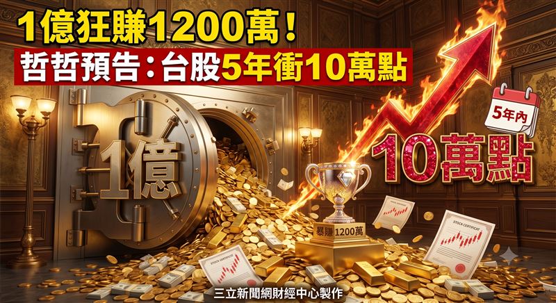 分析師郭哲榮於10日直播中透露,先前投入1億元布局台灣50(0050),至今已獲利1200萬元。台股10日大漲702點收在44928點,郭哲榮分析非農數據大減降低升息機率,看好台股5年衝上10萬點。面對老AI法說會與台積電營收公布,郭哲榮點名鴻海與廣達等供應鏈,本週將迎來重要決戰行情。(圖/AI製圖)