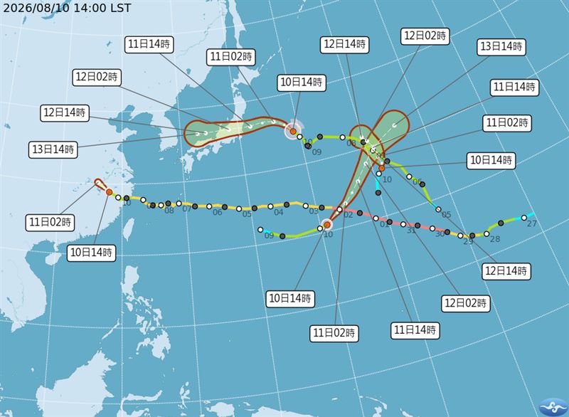 太平洋上現在有3個颱風加上1個熱帶性低氣壓。(圖/氣象署)