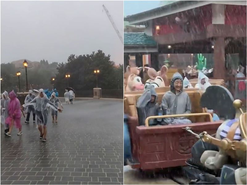 白海豚狂炸豪雨!上海迪士尼變「水上樂園」,網轟:颱風還開園。(圖/翻攝微博)