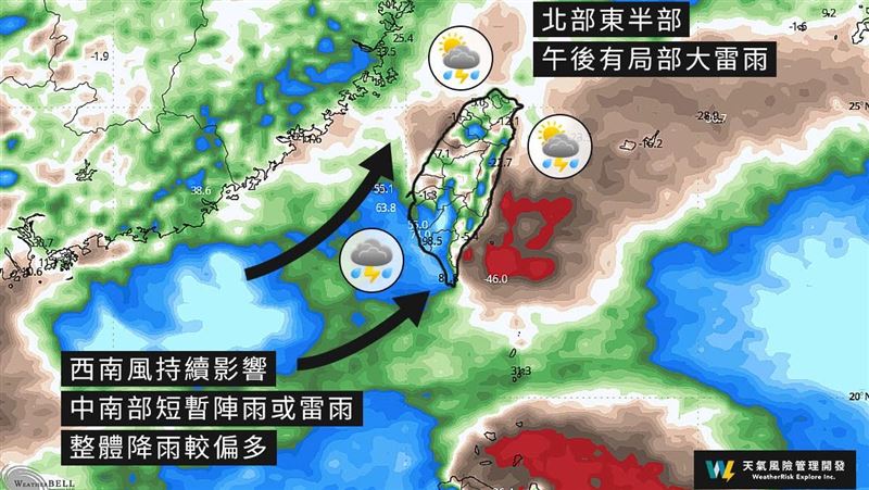 天氣風險表示，本週受到西南風及低壓帶影響，天氣仍不穩定。（圖／翻攝自天氣風險 WeatherRisk臉書）