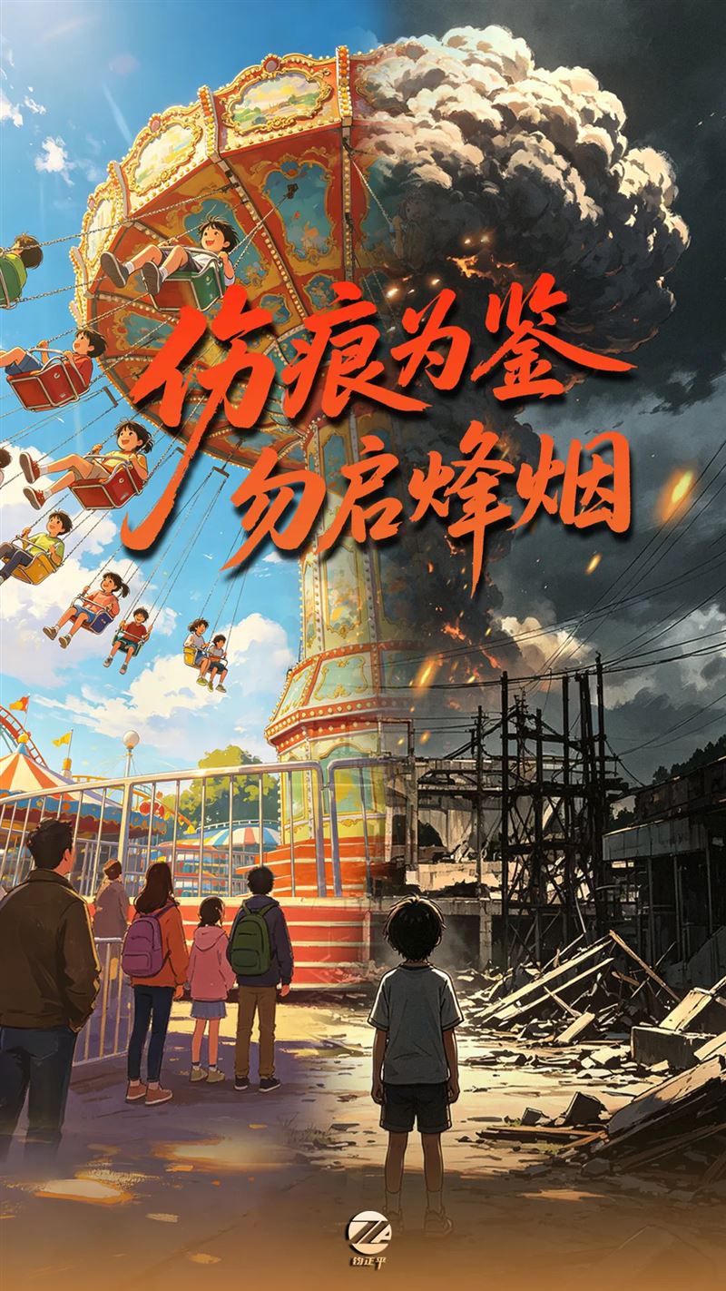 「鈞正平工作室」貼出圖片，一半是孩子們開心的在遊樂園玩耍，另一半則是遊樂園被轟炸後，殘破不堪的廢墟，寫上「傷痕為鑒，勿啟烽煙」8字。（圖／翻攝自鈞正平工作室微博）