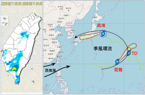今晨4時累積雨量圖顯示，西南部已有明顯降雨。氣象署路徑潛勢預測圖顯示，西北太平洋有兩個輕颱一個熱帶低壓，皆環繞「季風環流」第15號輕颱「昌鴻」受其北側導引，向西轉西南西進行。第16號輕颱「琵鷺」，在其東南側，受西南風導引，向東北遠離。另一熱帶低壓在「季風環流」東側，向北而行