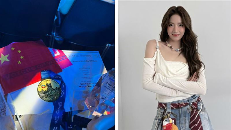歐陽娣娣參加合唱比賽奪冠,曬出五星旗照。(圖/翻攝自歐陽娣娣微博、IG)