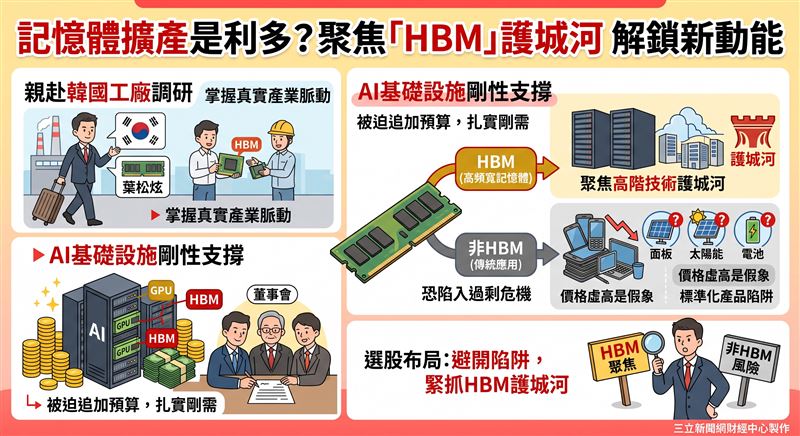 AI資本支出具剛性需求,中信投信經理人葉松炫指出,晶片與高階HBM需求正帶動產業結構升級,投資人可聚焦高階技術護城河,掌握科技長線商機。(AI製圖)