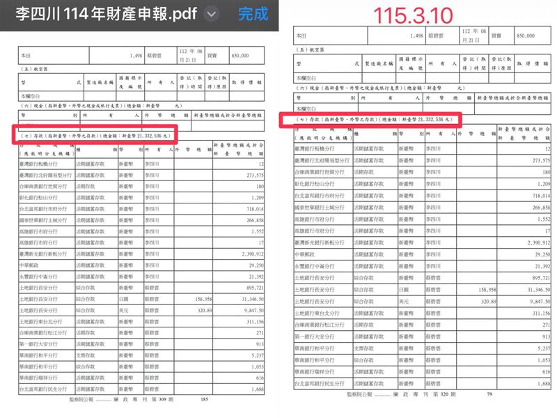 李四川去年11月與今年3月財產申報內容,存款數字同樣是2133萬2536元(圖/翻攝自戴瑋姍臉書)