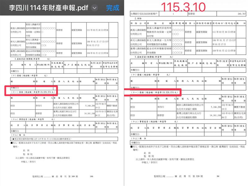 李四川去年11月與今年3月財產申報內容,債務一欄同樣是1932萬9374元(圖/翻攝自戴瑋姍臉書)