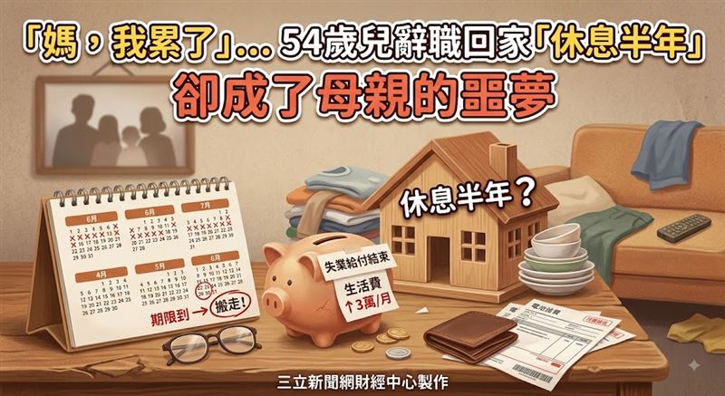 日本一名76歲母親獨力照顧54歲失業兒子逾一年,最終在體力不堪負荷後對兒子下達搬離期限。(圖/三立新聞網財經中心蕭榕AI製圖)