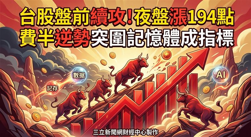美股四大指數跌多漲少，但費半逆勢上揚0.87%，台指期夜盤漲194點、台積電期貨漲6元，台股今（12）日有望延續多方氣勢。（圖／三立新聞網財經中心蕭榕AI製圖）