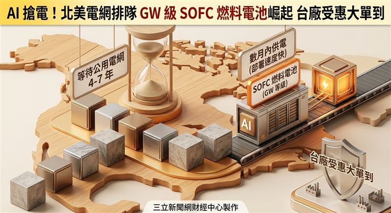 在電網容量受限、燃機設備交期過長或環保許可較嚴格的地區,SOFC替代價值最為突出,供應鏈方面,國際SOFC業者以Bloom Energy為主要指標,台灣供應鏈則包括隨著量產規模擴大的高力(8996)與康舒(6282),而系統整合端則以台達電(2308)為主要觀察標的。其中,台達電最受青睞。(圖/三立新聞網財經中心蕭榕AI製圖)