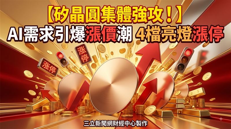 AI需求升溫帶動矽晶圓族群強勢上攻,環球晶、台勝科、合晶及中美晶同步亮燈漲停,成為盤面焦點。(圖/AI製圖)