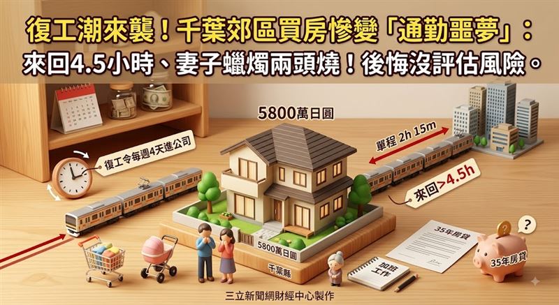 一對日本夫婦兩年前在千葉縣郊區購入花園獨棟住宅,原以為能安心享受遠距辦公生活,如今卻因公司「復工令」被迫每日長途通勤,被迫在薪資、生活品質與家庭之間艱難抉擇。(圖/三立新聞網財經中心蕭榕AI製圖)
