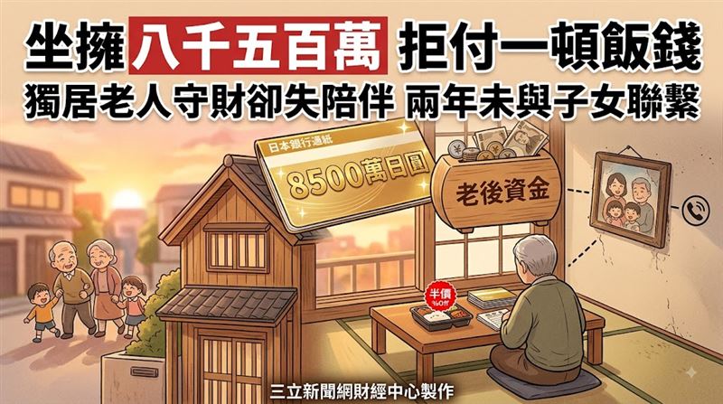 日本一名獨居老翁坐擁逾8000萬日圓資產，卻因對金錢過度執著與子女決裂，晚年僅能獨自以超市半價食品果腹。（圖／三立新聞網財經中心蕭榕AI製圖）