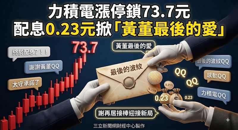 力積電今（12）日股價開高走強，盤中鎖上73.7元漲停價，成交量達42萬5613張，配息消息也引發股民熱議。（圖∕AI製圖）
