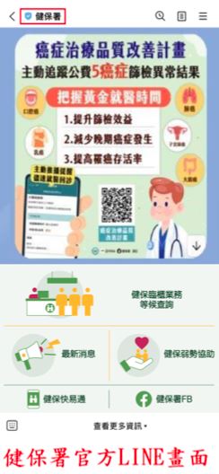 健保署LINE官方帳號名稱為「健保署」,且前方有經過LINE官方審核通過「已認證官方帳號」之藍色盾牌供民眾辨識。(圖/健保署提供)