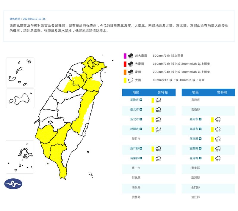 中央氣象署今(13)天13:35發布大雨特報。(圖/翻攝自氣象署官網)