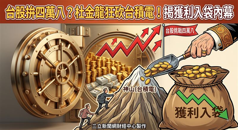 資深分析師杜金龍點出,台股基本面強勁仍有機會上看四萬八,但反彈波千萬別盲目追高,獲利入袋才是現階段的王道。股市老手杜金龍趁著台股大跌時狂掃股票,如今大盤強勢反彈,他果斷選擇逢高賣出台積電,將獲利資金開心變現。針對台股後市走向,杜金龍在廣播節目向主持人阮慕驊透露,未來持股將大砍至五成,提醒股民別被大漲沖昏頭。(圖/AI製圖)
