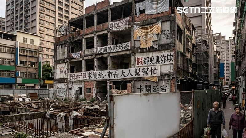 全台四大知名卡都更案面臨戶數多、產權複雜及海砂屋等問題，屋主在期待與絕望間沉淪徘徊數十年。（AI圖／記者陳韋帆製）
