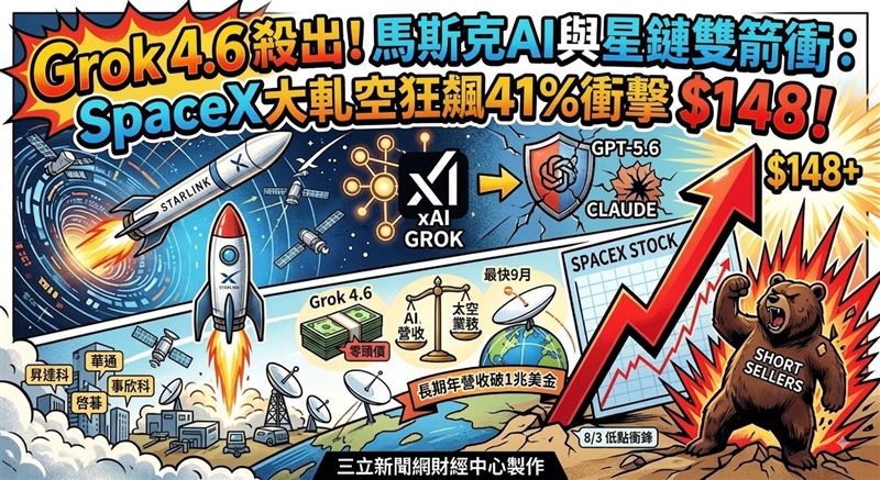 馬斯克宣布Grok 4.6上線，隨著SpaceX近期飆漲41%、爆軋空行情，且星鏈兆元商機發酵，昇達科、華通等4檔台廠供應鏈有望同步受惠。（圖／AI製圖）
