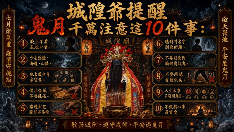 鬼月開始了！城隍爺警告10大禁忌　基隆好兄弟竟多15天假原因催淚曝光。（圖／ChatGPT製作）