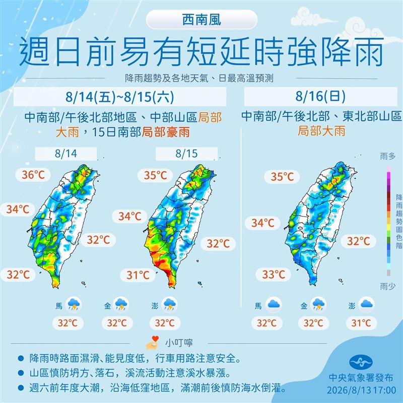 明日西南風來訪,週六雨勢最為劇烈。(圖/氣象署)
