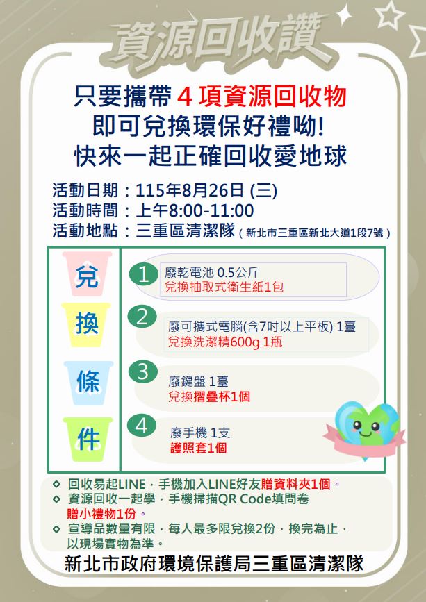 在三重地方清潔隊,可用廢電池換衛生紙。(圖/翻攝自新北市環保局)