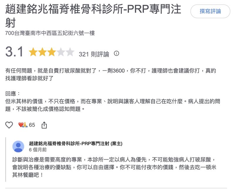 趙建銘診所直球回覆病患負評。(圖/翻攝自Google評論)